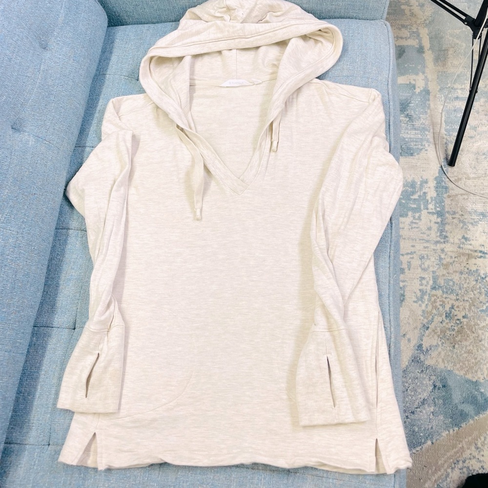 Athleta V neck hoodie, thumbholes, Oatmeal, S